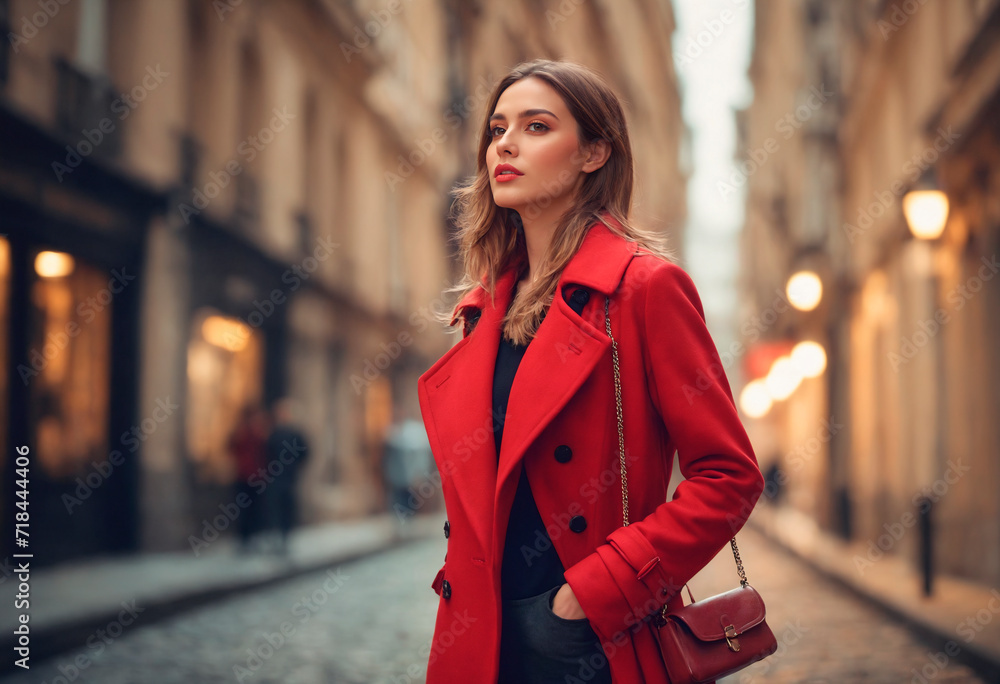 Fototapeta premium Close up portrait of a beautiful young brunette woman in red coat on the street
