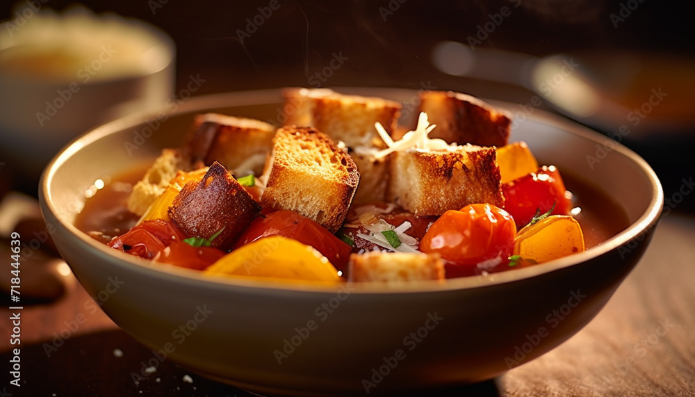 Freshness on plate grilled tomato, vegetable salad, homemade gourmet bread generated by AI Freshness on plate grilled tomato, vegetable salad, homemade gourmet bread generated by AI