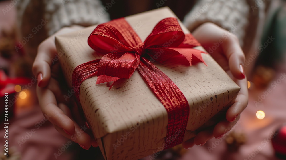 close up woman giving gift to another person with red ribbon on a pink background - Generative AI close up woman giving gift to another person with red ribbon on a pink background - Generative AI