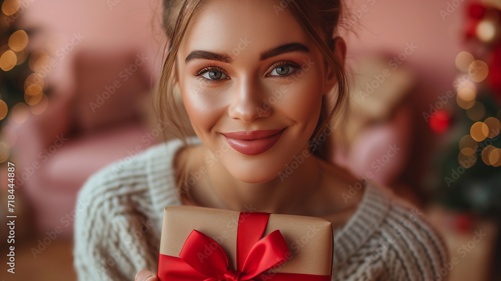 close up woman giving gift to another person with red ribbon on a pink background - Generative AI close up woman giving gift to another person with red ribbon on a pink background - Generative AI