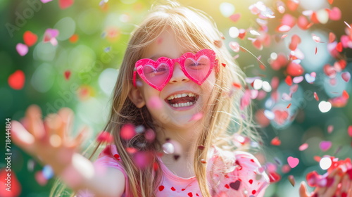A little girl wearing pink heart-shaped glasses smiles brightly as she throws a handful of heart-shaped confetti into the air. Generative AI