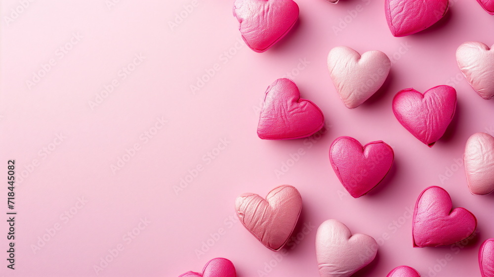 Arrangement of heart-shaped candies and chocolates on a pink background. Concept of Valentine's Day, White Day. Top view. Left copy space. Close up. Generative AI Arrangement of heart-shaped candies and chocolates on a pink background. Concept of Valentine's Day, White Day. Top view. Left copy space. Close up. Generative AI