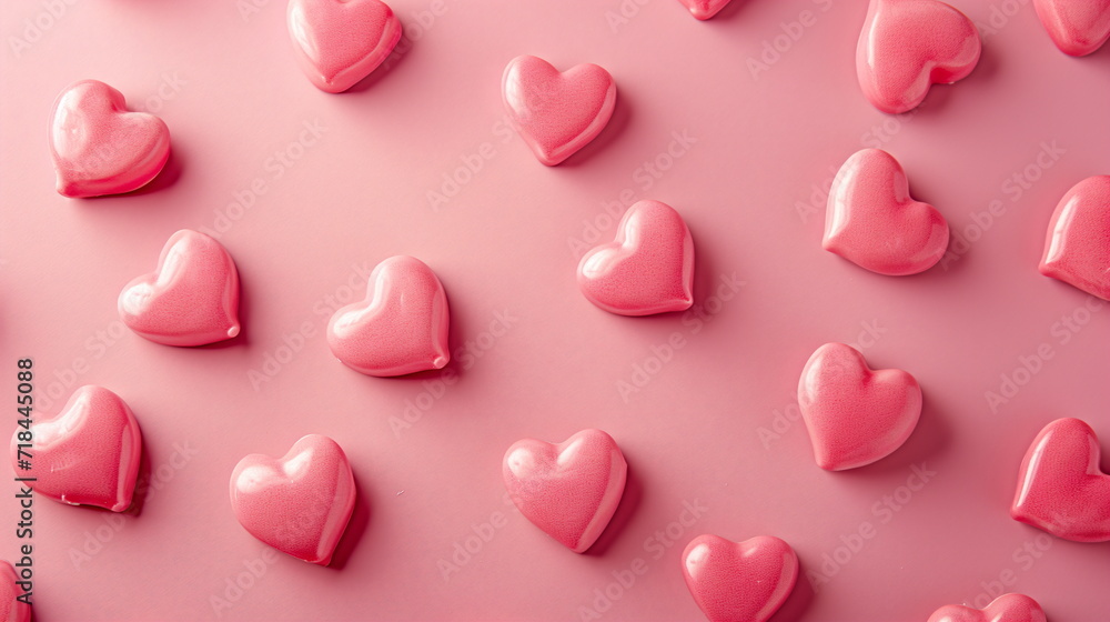 Arrangement of heart-shaped candies and chocolates on a pink background. Concept of Valentine's Day, White Day. Top view. Close up. Generative AI