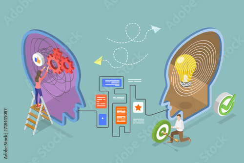 3D Isometric Flat Vector Illustration of Recovery Mental Disorder Problem, Rehabilitation Process