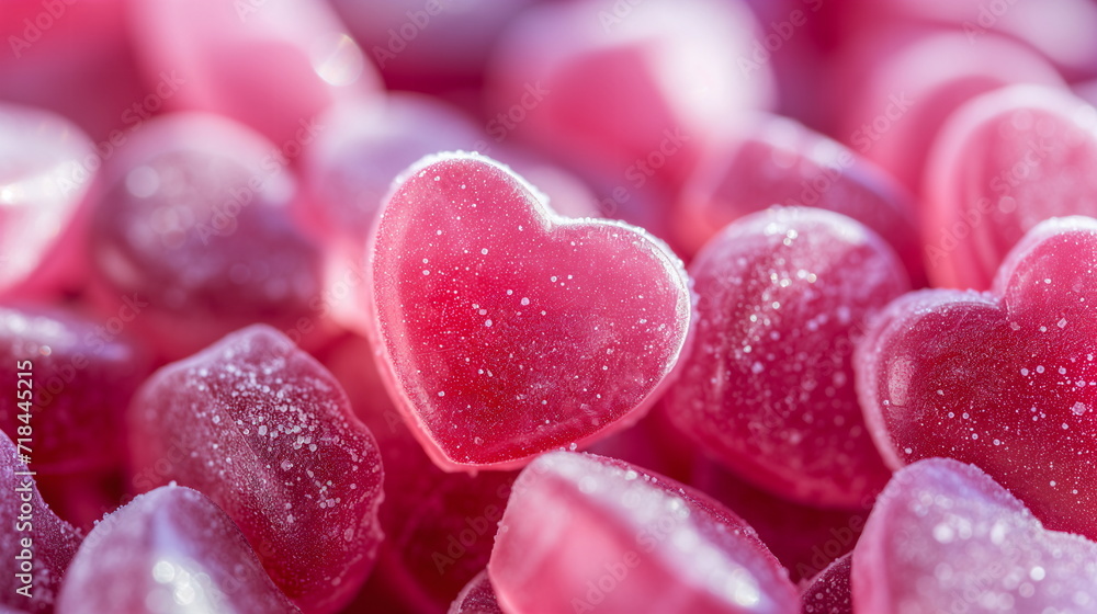 A pile of heart-shaped pink candies. Close up. White Day Concept. Generative AI A pile of heart-shaped pink candies. Close up. White Day Concept. Generative AI