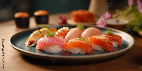 Fresh seafood on a plate, sushi rolls, healthy Japanese lunch generated by AI