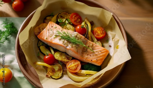 Grilled salmon steak with fresh vegetables, healthy gourmet meal generated by AI