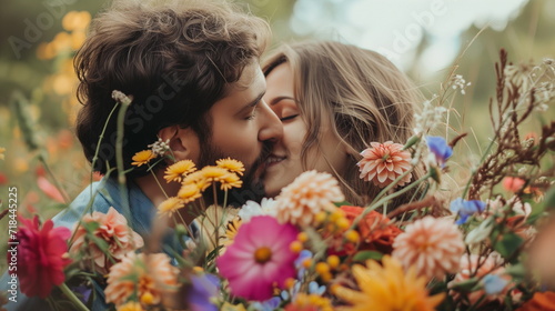Couple kissing behind a bouquet of flowers. Close up. Generative AI © seogi