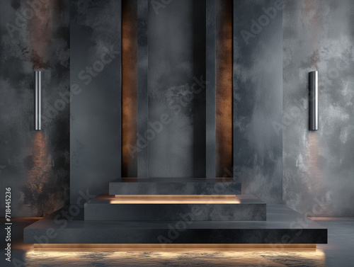 3d empty product display podium designed for presentations. Contemporary design podium with contrasting textures and striking illumination, ideal for product presentations and displays. 