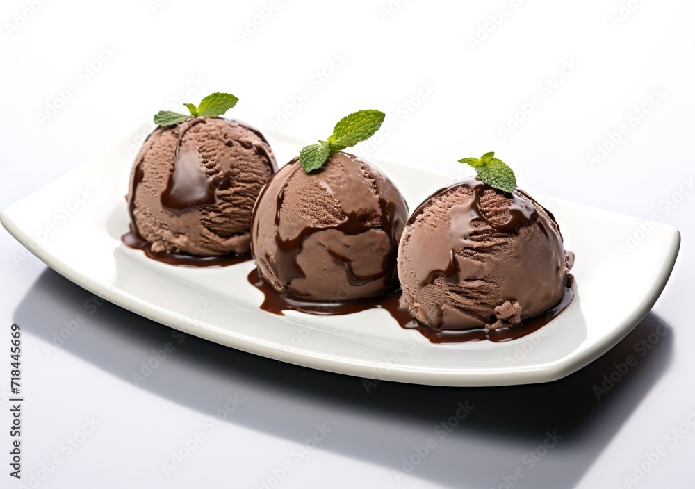 Rows of round sweet chocolate ice cream on a white plate decorated with fresh green mint leaves. generative AI Rows of round sweet chocolate ice cream on a white plate decorated with fresh green mint leaves. generative AI