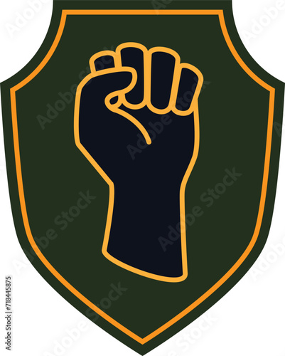 Raised clenched fist on shield background symbolizes strength and resistance. Power, protest, and solidarity sign. Strength and unity concept vector illustration.