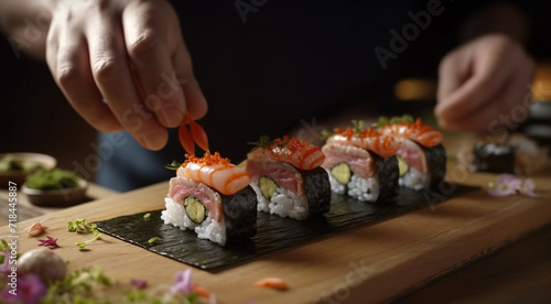 A plate of fresh sushi, expertly prepared, ready to eat delicacy generated by AI