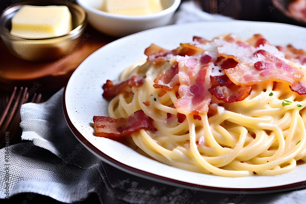 Fototapeta premium Delicious Carbonara: Bacon-enriched pasta, an attractive combination on a plate generative ai