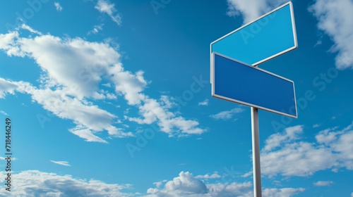 Blank blue traffic sign against blue sky background with white clouds. Mockup traffic sign with copy space.