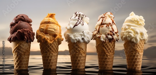 Es krim dengan cone berwarna putih dan coklat keemasan yang menggoda untuk disantap dengan rasanya yang manis photo
