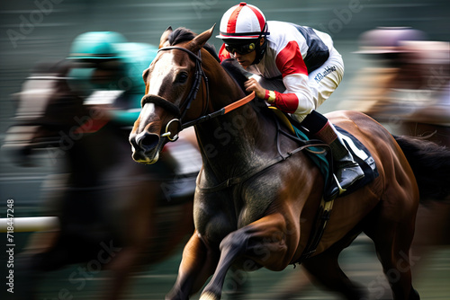 Race horses and jockeys competing on the track, Head on view of galloping race horses and jockeys racing