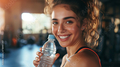 joyful exhausting beautiful fitness girl model in gym holding a bottle of water 