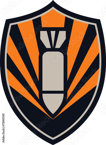Black and orange shield with a bomb in the center. Modern bomb logo design, explosive device symbol on shield background vector illustration.