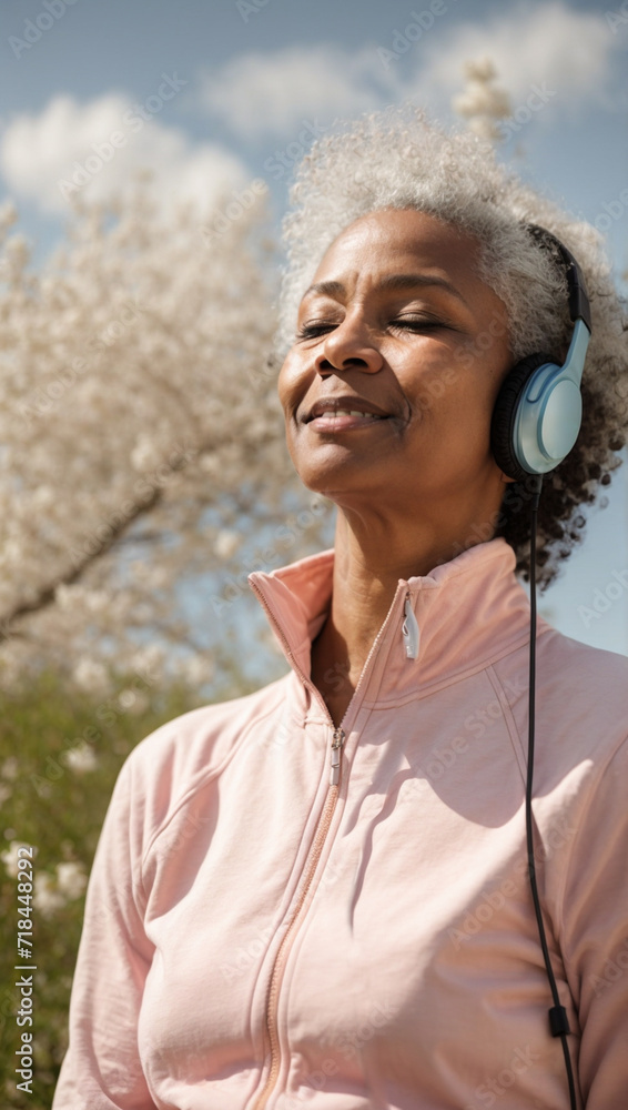 Mature senior woman meditating with headphones in the park while sunbathing in winter wearing sportswear. Wellbeing, training and health care in adulthood
