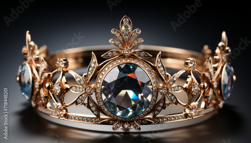 Luxury crown, jewelry, gold tiara, shiny gemstone, royalty wealth generated by AI