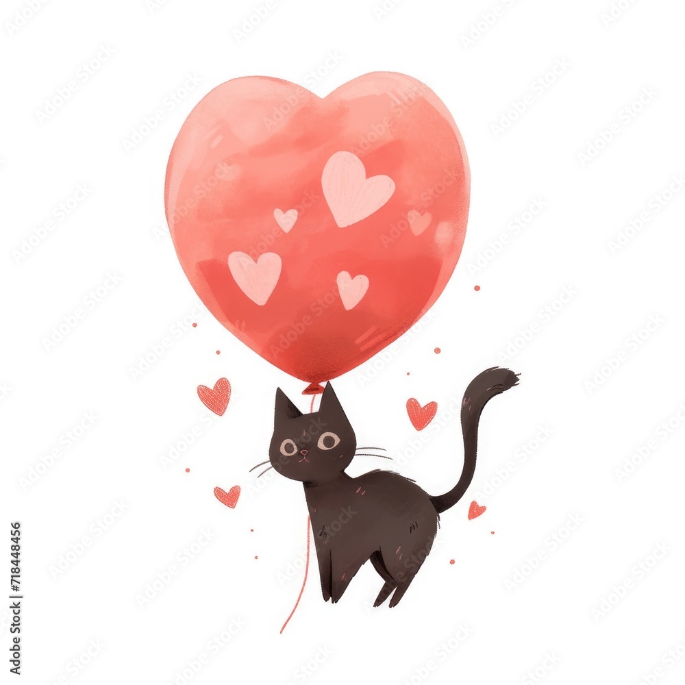 Fototapeta premium Black cartoon cat holding red heart shaped air balloon isolated on white background. Cute animal character. Sweet kitten in love. Valentine's Day greeting card, banner or poster