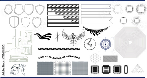 サイバーパンク・デジタル・テクノロジーの線画デザインセット