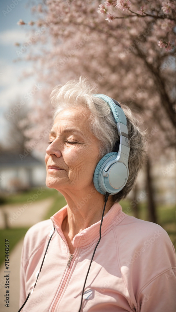 Mature middle aged woman meditating with headphones in the park while sunbathing in winter wearing sportswear. Wellbeing, training and health care in adulthood
Mature middle aged woman meditating with headphones in the park while sunbathing in winter wearing sportswear. Wellbeing, training and health care in adulthood