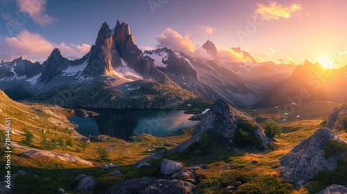 Stunning panorama of towering mountains with calm lakes under the warm light of the rising sun in the morning