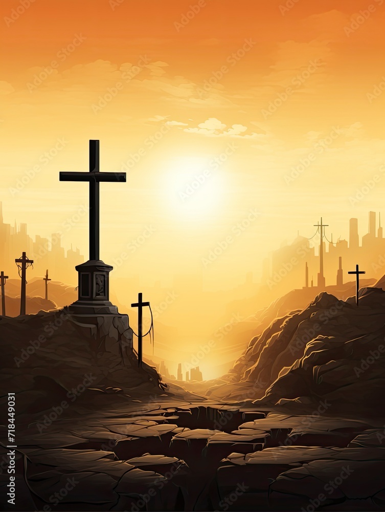 Resurrection - Crosses And Tomb Empty With Crucifixion At Sunrise, copy space - generative ai
