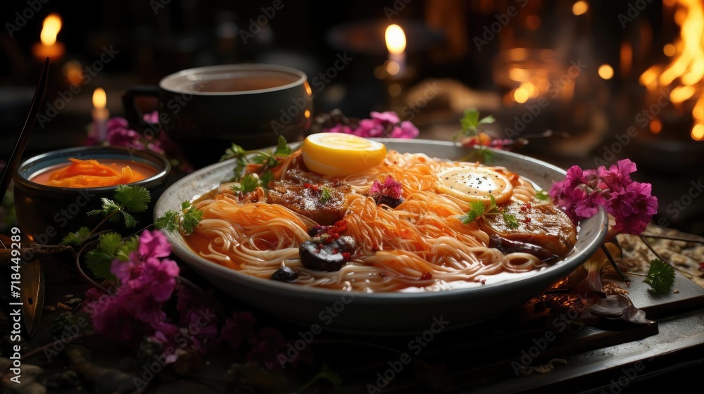 Delicious ramen noodles with egg topping on top, blur background