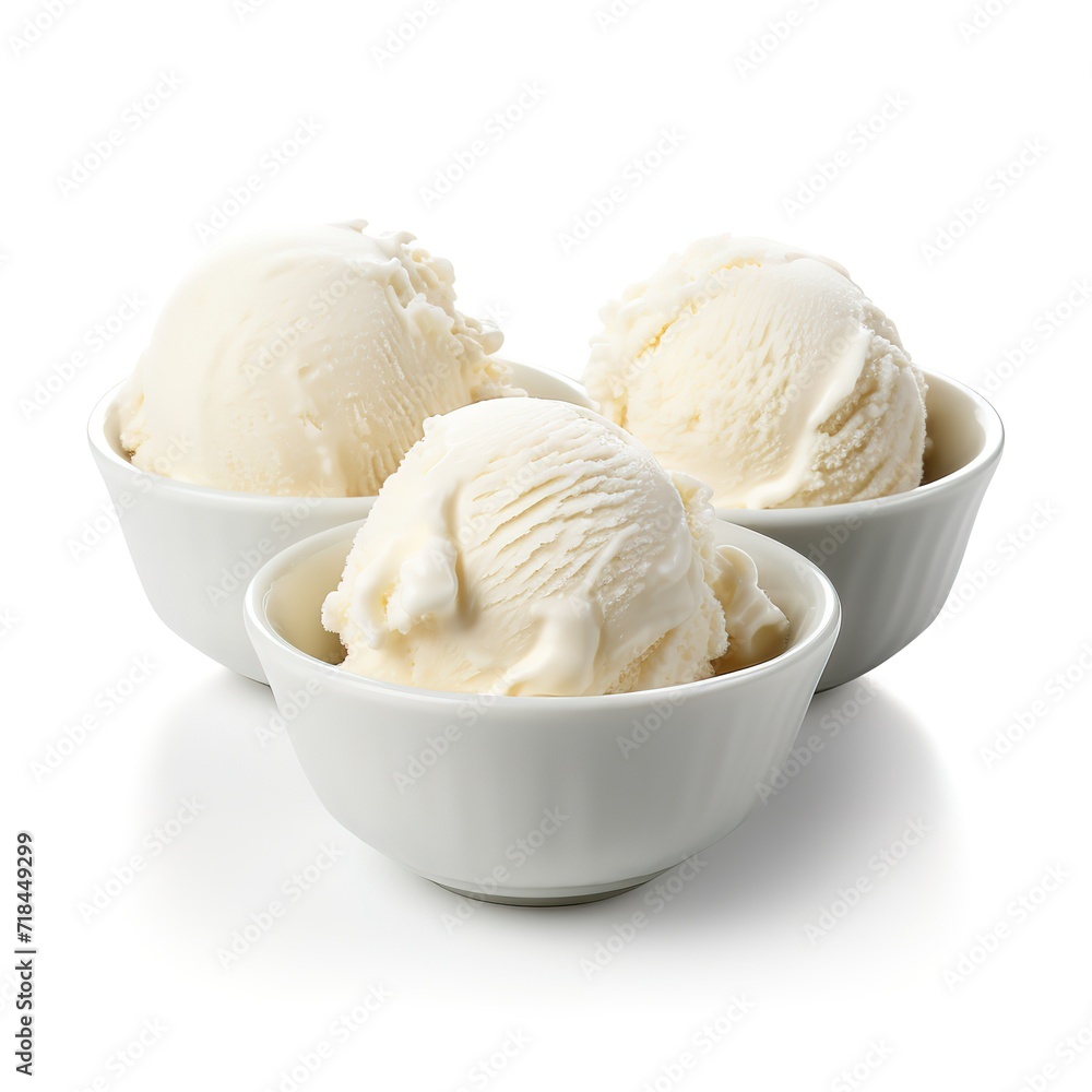 Vanilla ice cream in a white bowl in the photo on a white background. generative AI Vanilla ice cream in a white bowl in the photo on a white background. generative AI
