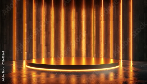 Gold empty podium floating in the air in dark scene with wall of line vertical gold neon lamps around