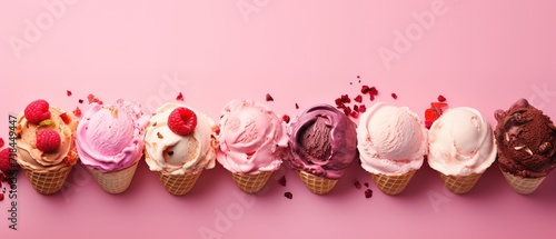 A row of various ice cream flavors in the photo on the pink background. generative AI