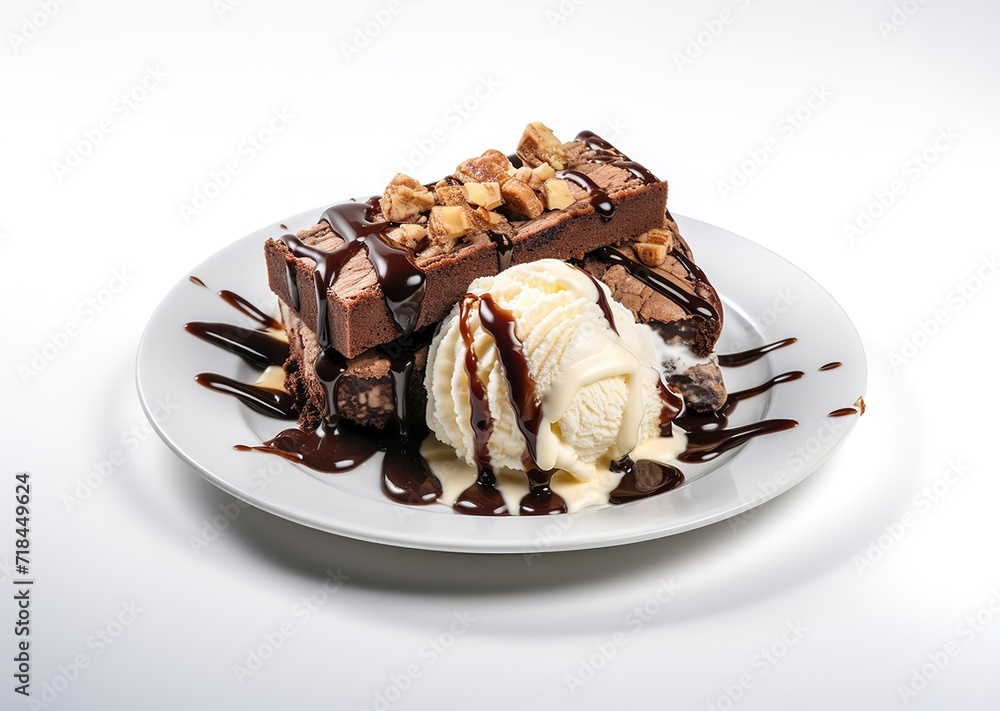 Stack of ice cream with chocolate topping in the photo on a white plate. generative AI Stack of ice cream with chocolate topping in the photo on a white plate. generative AI