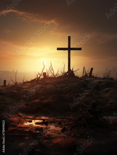 Resurrection - Crosses And Tomb Empty With Crucifixion At Sunrise, copy space - generative ai