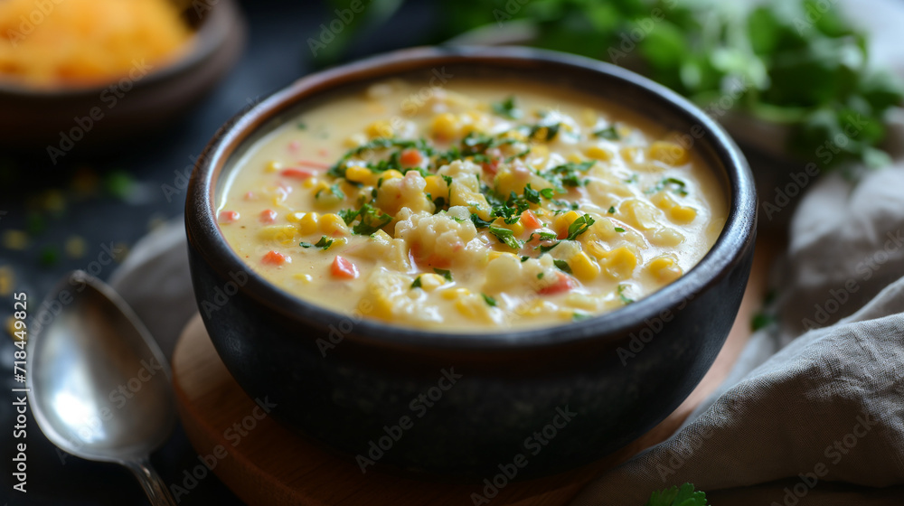 corn chowder soup in black bowl
