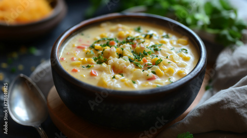 corn chowder soup in black bowl photo