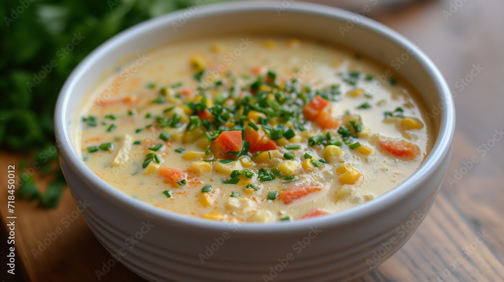 corn chowder soup in white bowl corn chowder soup in white bowl