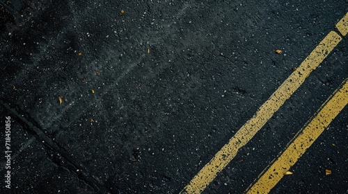 Image of dark asphalt road with yellow line from top view. Ffull frame textured background of black asphalt. Detail of yellow line on black asphalt painted. photo