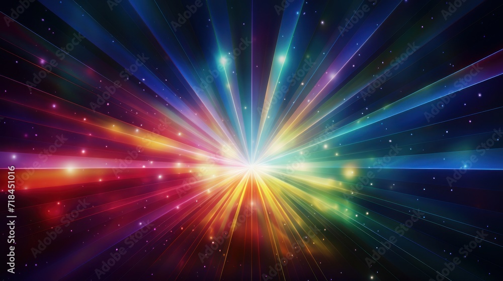 Fototapeta premium A Prism Rainbow Light on dark Background Overlay Crystal flare abstract effect Holographic sunlight reflection wallpaper colorful glare bokeh AI generated