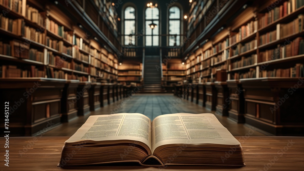 Open book on a table in a traditional library with ornate windows Open book on a table in a traditional library with ornate windows