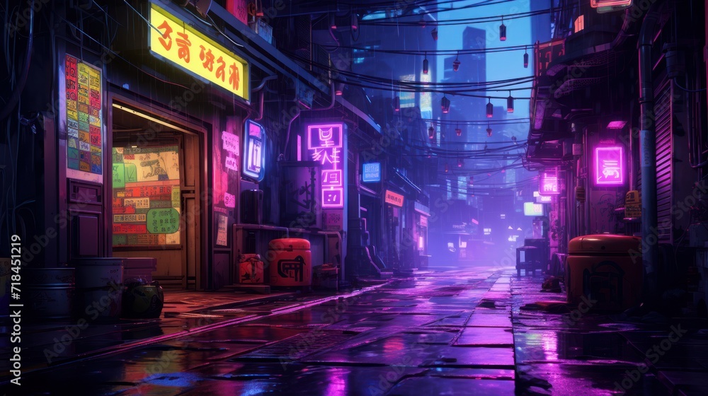 A rain-soaked alleyway glowing with neon graffiti AI generated