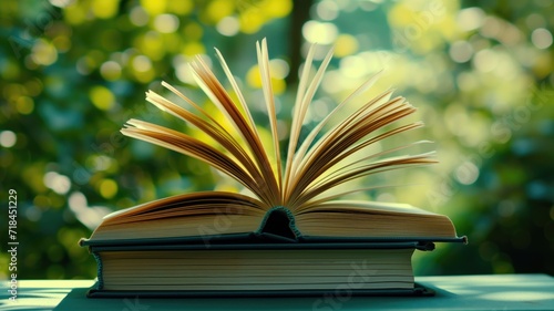 Open book with pages fluttering in natural light, bokeh background
