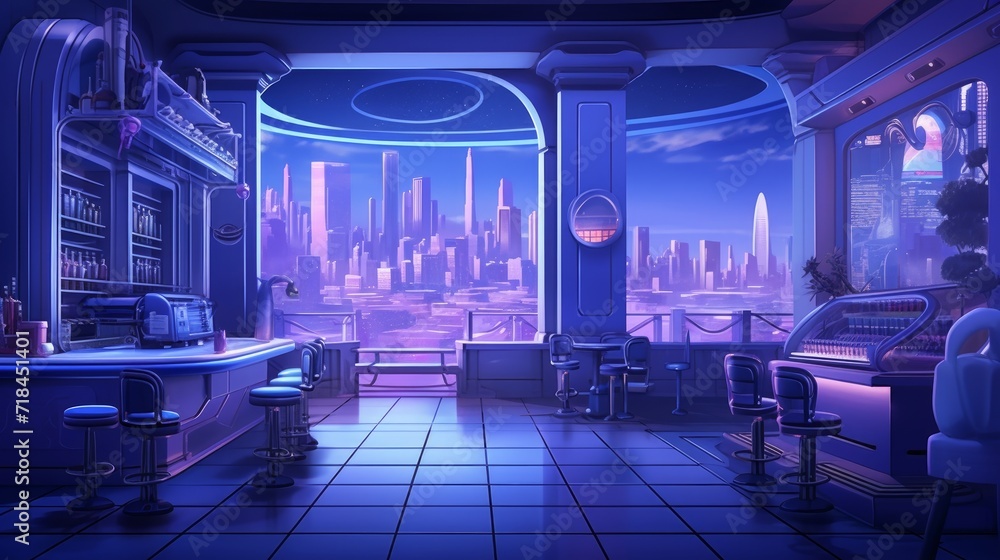 A serene and empty scene filled with the various shades of purple illuminated by blue line neon lamps in the background AI generated A serene and empty scene filled with the various shades of purple illuminated by blue line neon lamps in the background AI generated