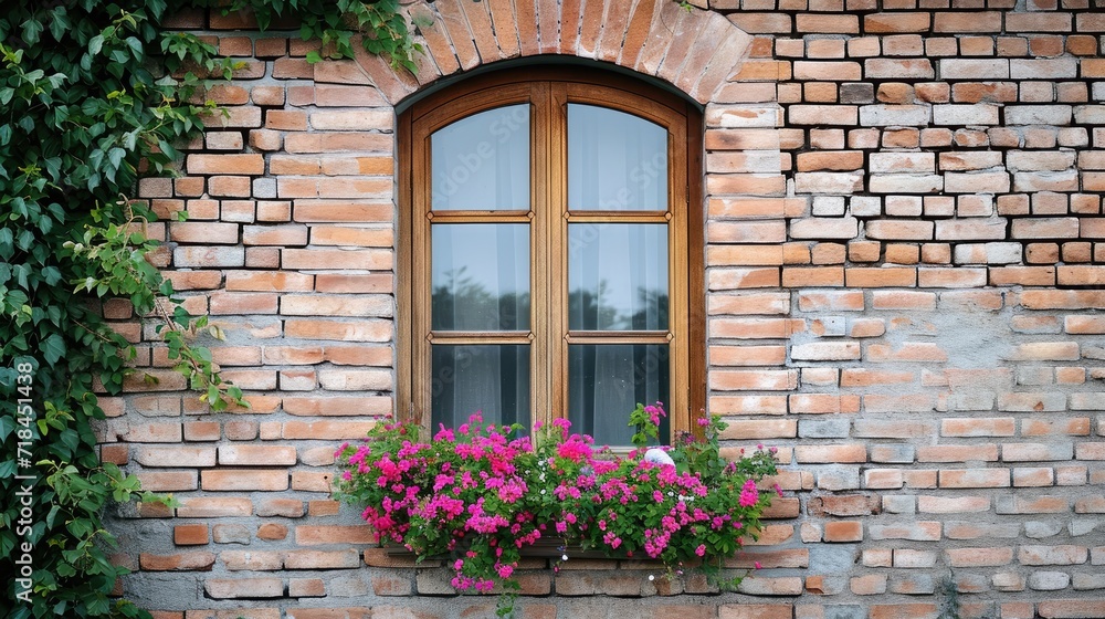 Beautiful window with flowers and curtain for background. Colorful flowers on window glass and attractive brickwall.