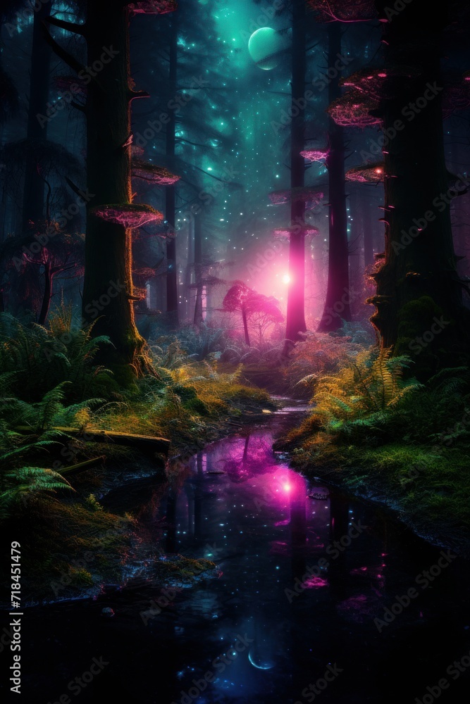 A serene forest scene with neon light accents  AI generated