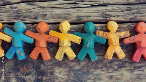 Colorful painted wooden figures lined up on a rustic wooden surface