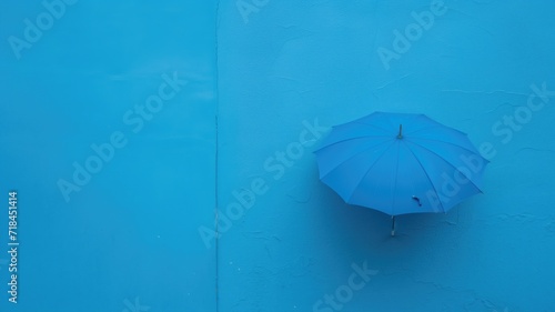 A blue umbrella against a matching blue wall creating a monochromatic scene
