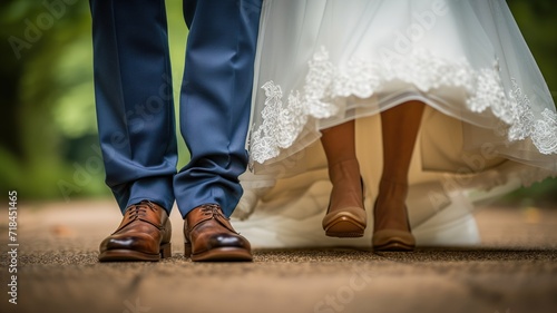 Bride and groom's shoes during wedding