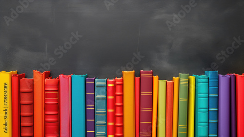 Row of colorful books against a blackboard background